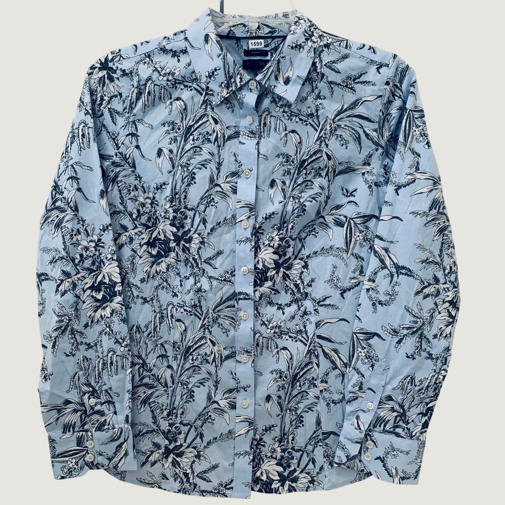 Talbots Button Down Shirt Women's Size 6 Blue Toile Floral Non-Iron Stretch Top